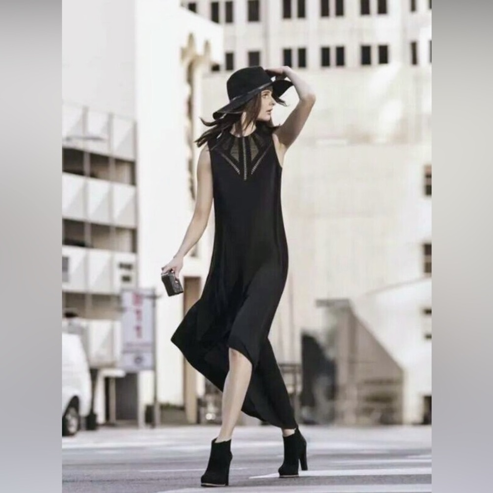 BCBGMaxAzria Black Asymmetrical Maxi Dress with Mesh Detail